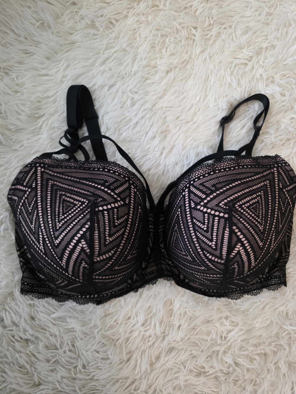 Black Lace-Overlay Bra with Nude Underlay and Support